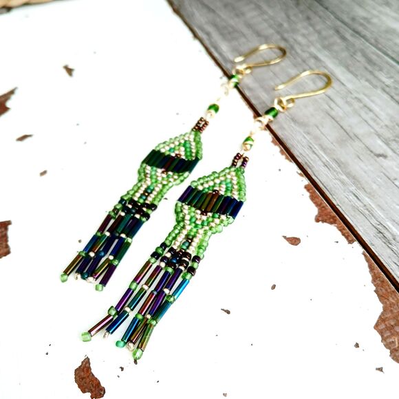 Boho Chic Beaded Cascade Fringe Dangle Earrings, Seed Bead Jewelry, 5" - Picture 7 of 8